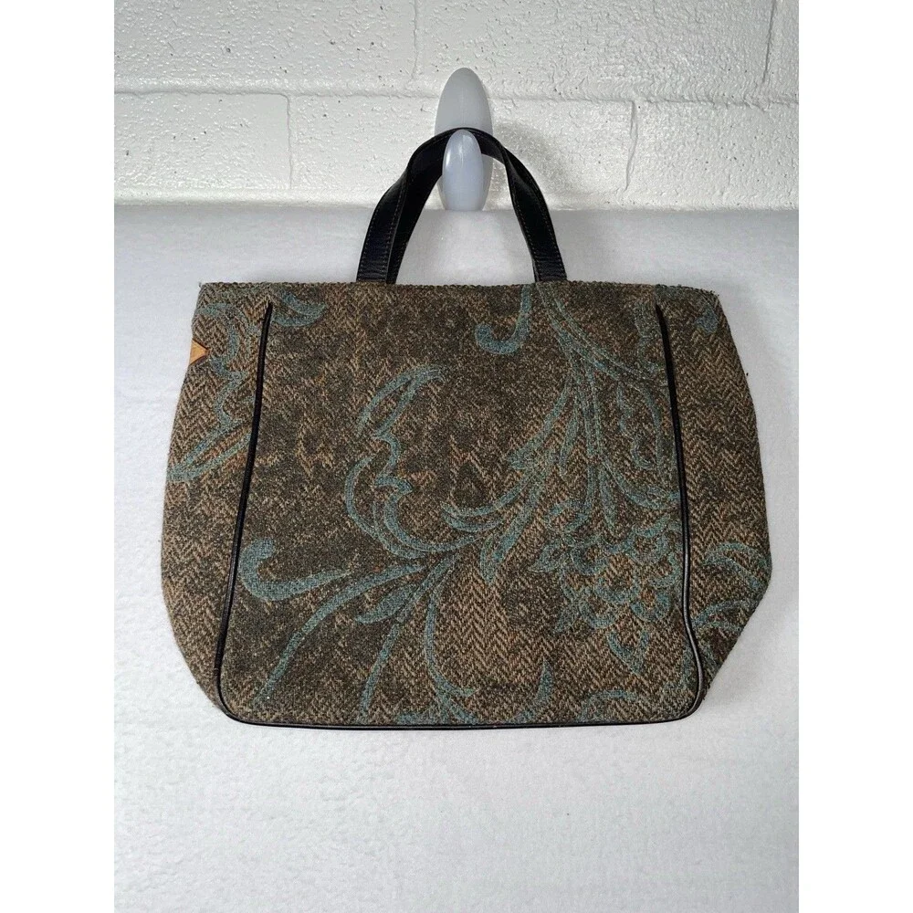 MZ Wallace Handbag TOTE Bag Purse Leather Tapestry Brown Green Tweed Preppy